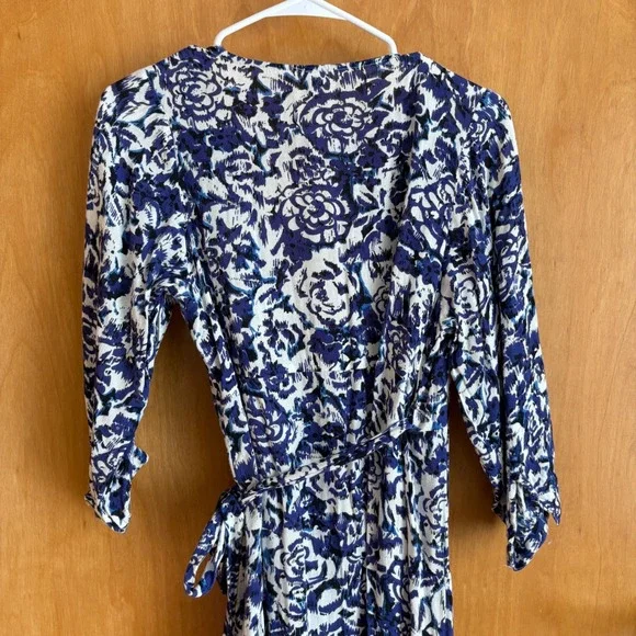 Raga Womens Blue White Floral Ikat Viscose Wrap Maxi Dress Size M 3/4 Sleeve - Picture 7 of 9